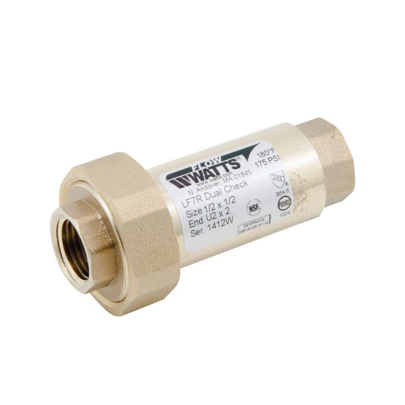 Watts LF7R Series 1/2" x 1/2" Lead-Free Brass Residential Dual Check Valve Backflow Preventer, Union Female NPT Inlet x Female NPT Outlet, Compact Design, Vertical or Horizontal Install - Image 1